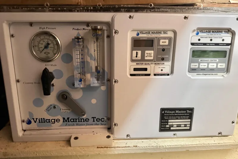  Yacht Photos Pics Control panel of Village Marine Tec. watermaker on 2001 Navigator 56 Classic Pilothouse yacht.