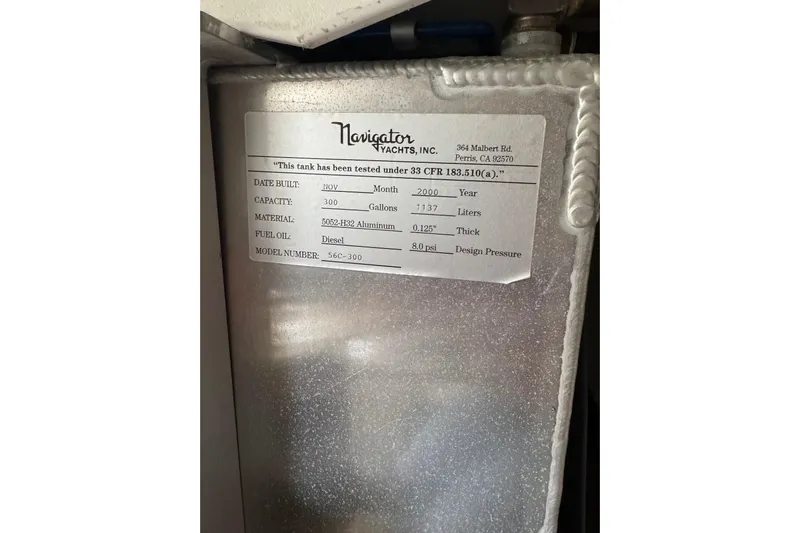  Yacht Photos Pics Fuel tank label on 2001 Navigator 56 Classic Pilothouse, 300-gallon capacity, diesel.