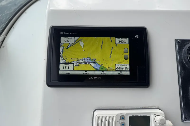  Yacht Photos Pics Garmin GPS display on 2001 Navigator 56 Classic Pilothouse, showing navigation map and coordinates.