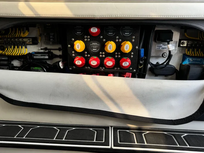  Yacht Photos Pics Electrical panel of 2024 Nor-Tech 392 Super Fish boat, showcasing wiring and switches.