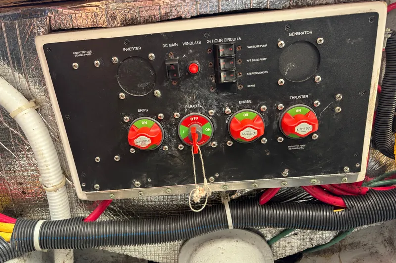 Intermission Yacht Photos Pics Electrical control panel on a 2006 Back Cove 29 boat with switches and wiring.