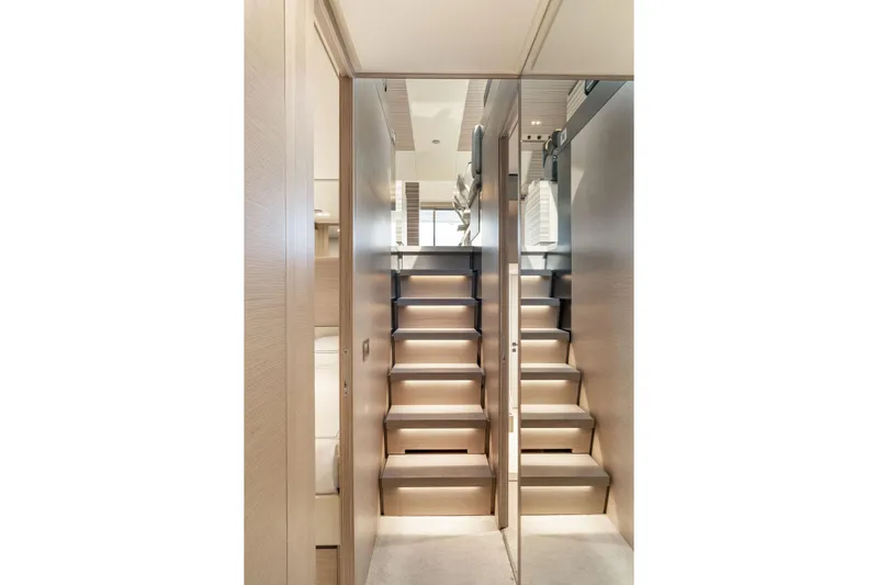 Only One Yacht Photos Pics Staircase inside 2020 Ferretti Yachts 670, featuring modern design and sleek finishes.