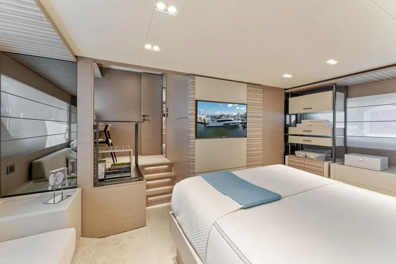 Only One Yacht Photos Pics Luxurious interior of 2020 Ferretti Yachts 670, featuring elegant bedroom and modern design.