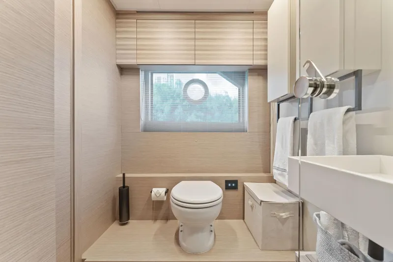 Only One Yacht Photos Pics Luxurious bathroom interior on 2020 Ferretti Yachts 670, featuring modern fixtures and elegant design.