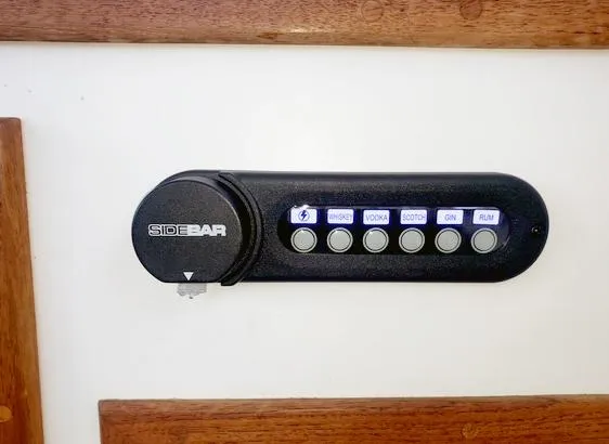 Riverwind Yacht Photos Pics Sidebar beverage dispenser with labeled buttons for drinks on Eastern Casco Bay 31, 2008 model.