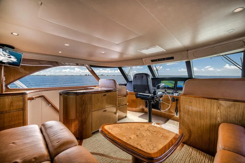 Benedetta Yacht Photos Pics Luxurious interior of 2012 Viking 70 Enclosed Bridge yacht with panoramic ocean views.