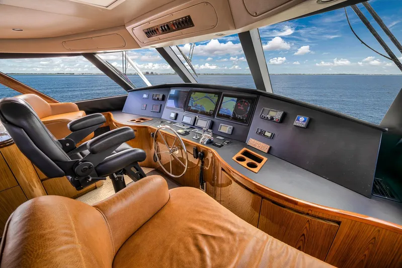 Benedetta Yacht Photos Pics Luxurious helm of 2012 Viking 70 Enclosed Bridge yacht with ocean view.