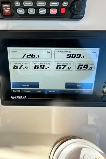  Yacht Photos Pics Yamaha display on 2022 Grady-White Canyon 326 showing fuel usage and trip distance.
