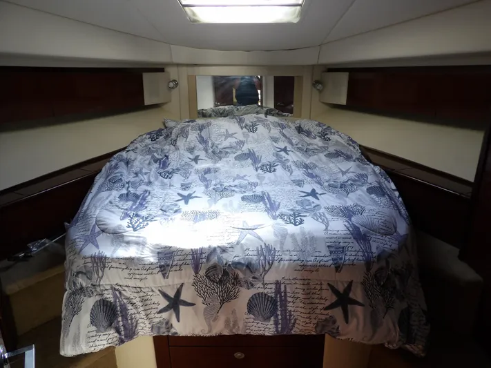  Yacht Photos Pics Luxurious 2008 Sea Ray 44 Sedan Bridge cabin with nautical-themed bedding.