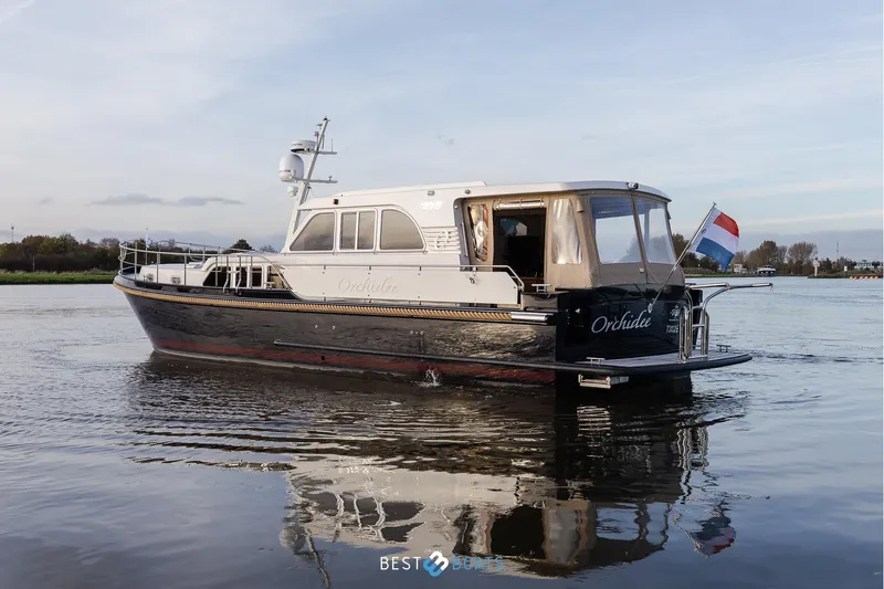  Yacht Photos Pics 2017 Linssen Grand Sturdy 470 Wheelhouse yacht on calm water, Dutch flag displayed.