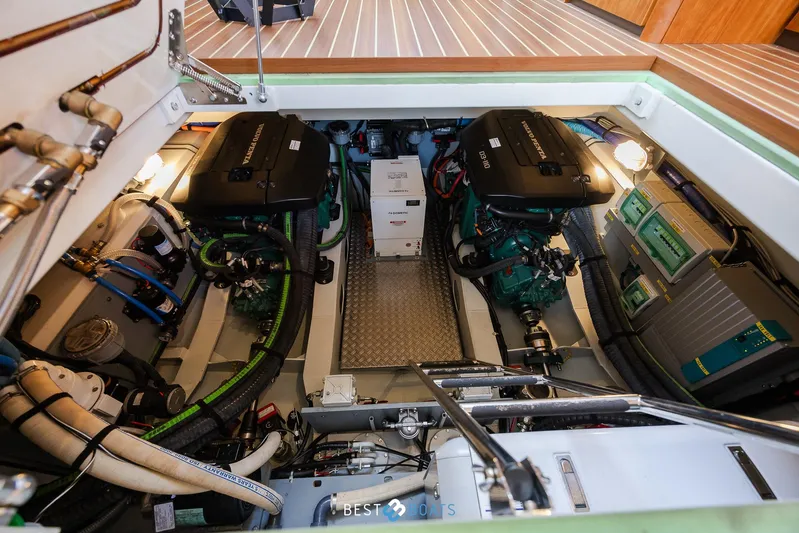  Yacht Photos Pics Engine room of 2017 Linssen Grand Sturdy 470 Wheelhouse, showcasing dual engines and equipment.