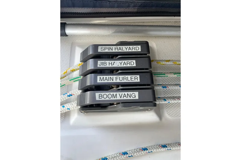  Yacht Photos Pics Sailboat control lines labeled: Spin Halyard, Jib Halyard, Main Furler, Boom Vang, Hunter 460, 1999.