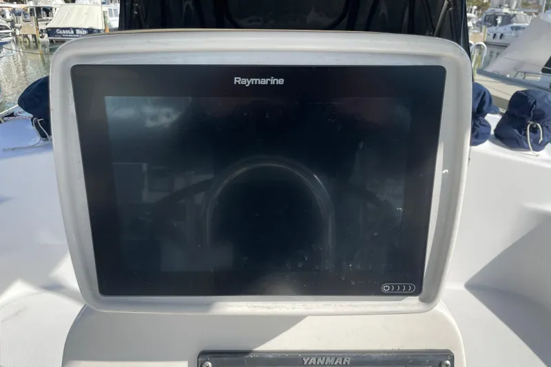  Yacht Photos Pics Raymarine display on 1999 Hunter 460 yacht, docked at marina.