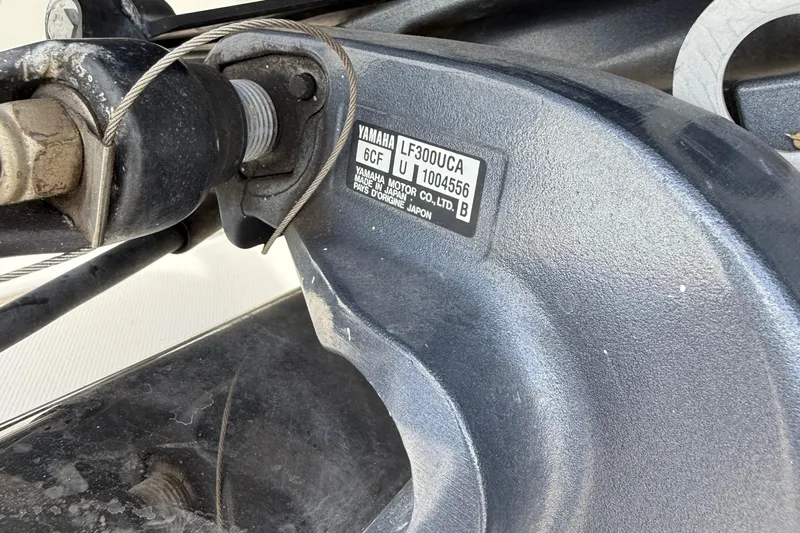  Yacht Photos Pics Close-up of a Yamaha motor part with model details, Jupiter 30 FS, 2014.