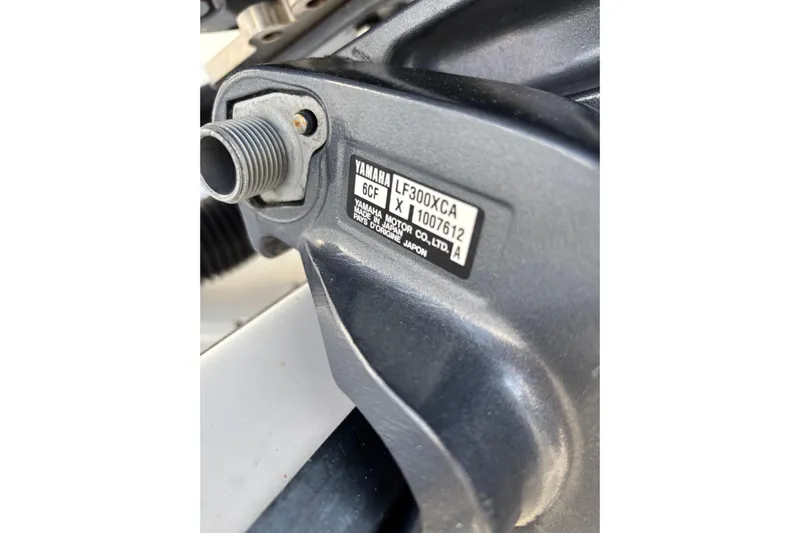 Liberty Call Yacht Photos Pics Close-up of Yamaha engine part on 2015 Edgewater 320CC boat.