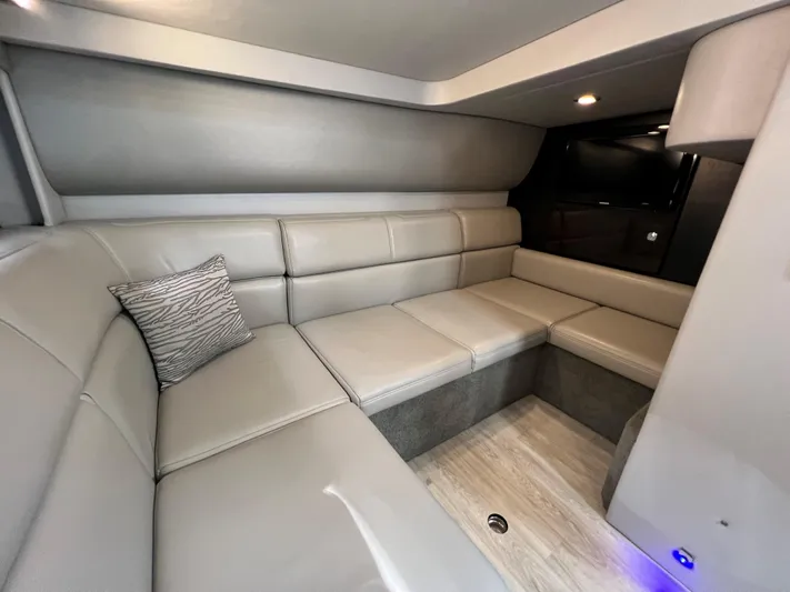 Yacht Photos Pics 2017 Formula 37 Performance Cruiser interior with modern gray leather seating.