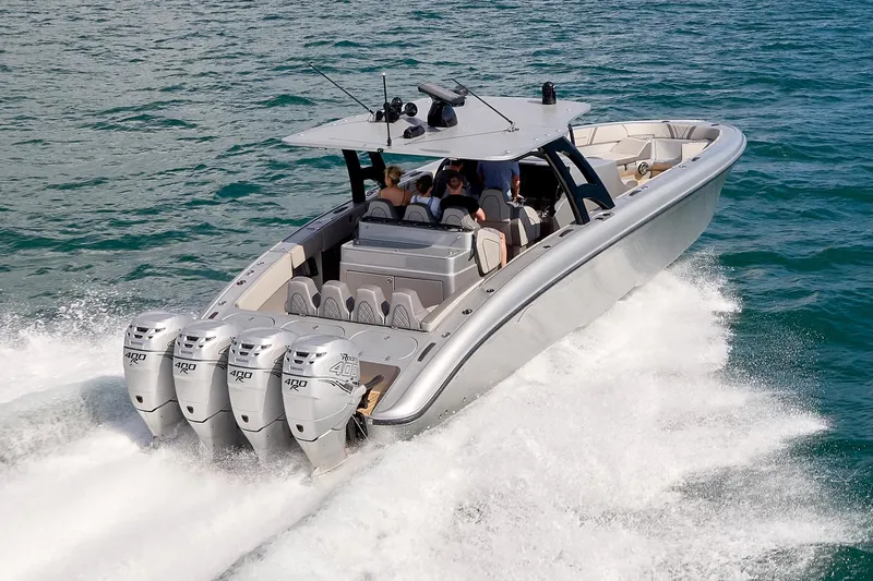  Yacht Photos Pics 2018 Midnight Express 43 Open boat cruising on water with four powerful engines.