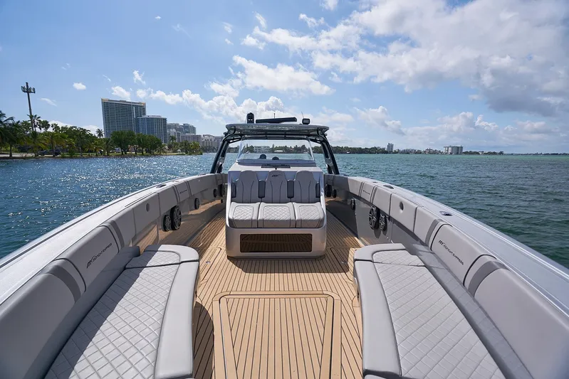  Yacht Photos Pics 2018 Midnight Express 43 Open boat on water, featuring spacious seating and modern design.