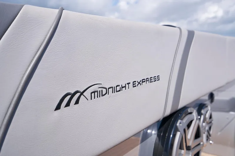  Yacht Photos Pics 2018 Midnight Express 43 Open boat interior with logo detail.