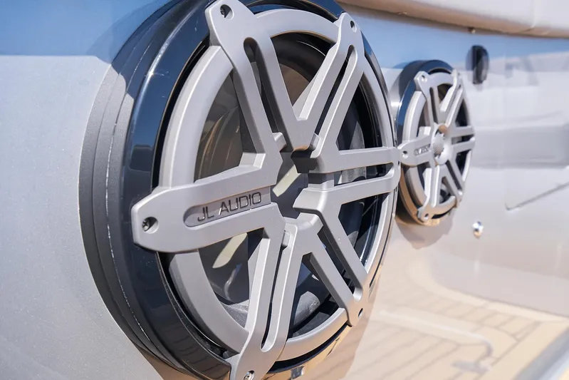  Yacht Photos Pics Close-up of JL Audio speakers on a 2018 Midnight Express 43 Open boat.
