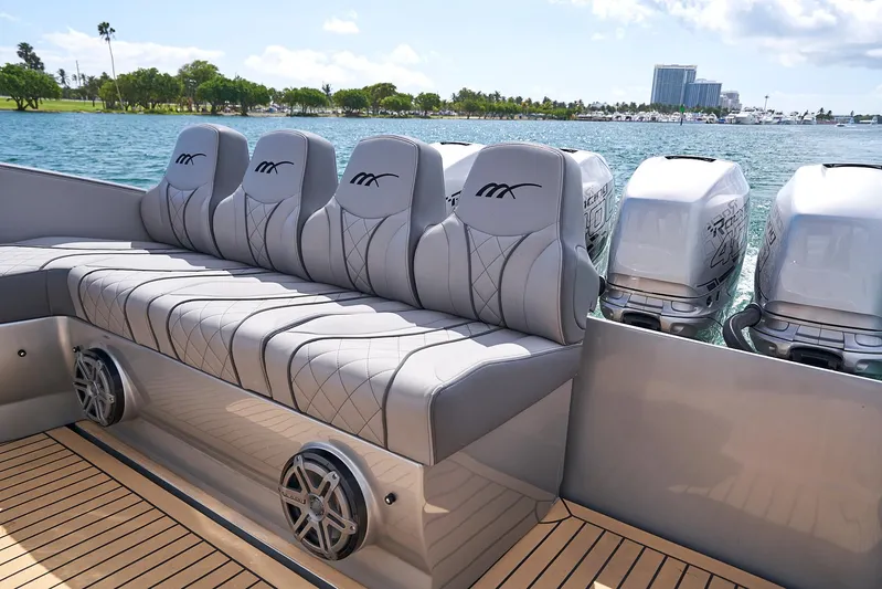  Yacht Photos Pics Luxury seating on a 2018 Midnight Express 43 Open boat with powerful outboard engines.