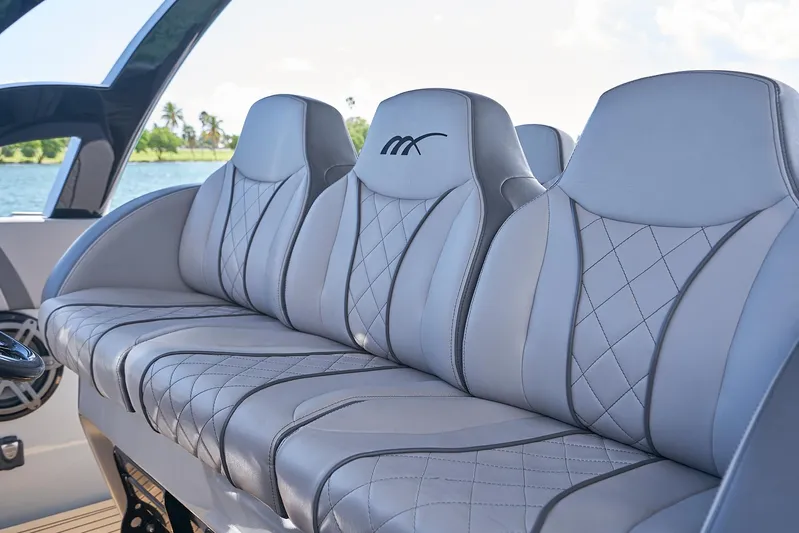  Yacht Photos Pics Luxurious seating on 2018 Midnight Express 43 Open boat with quilted upholstery.