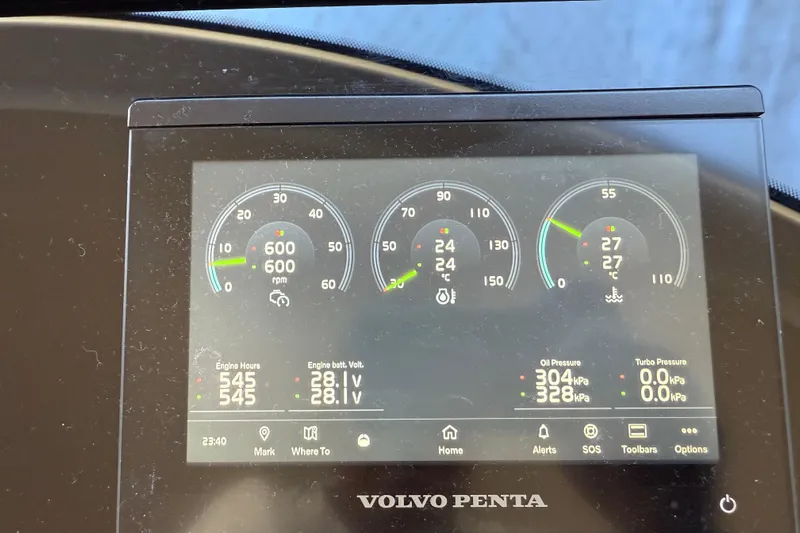 Ava Hana Yacht Photos Pics Dashboard display of a 2024 Prestige F4.9 boat showing engine metrics.