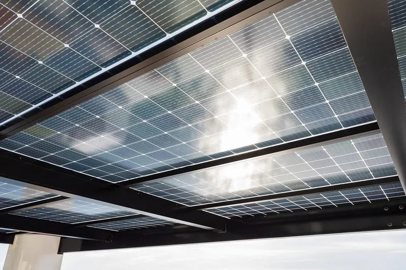  Yacht Photos Pics Solar panels on Arkup 50 houseboat, 2025 model, harnessing sunlight for sustainable energy.