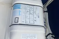 Life raft on 2016 Beneteau Swift Trawler 44 deck, labeled "SEA-SAFE."