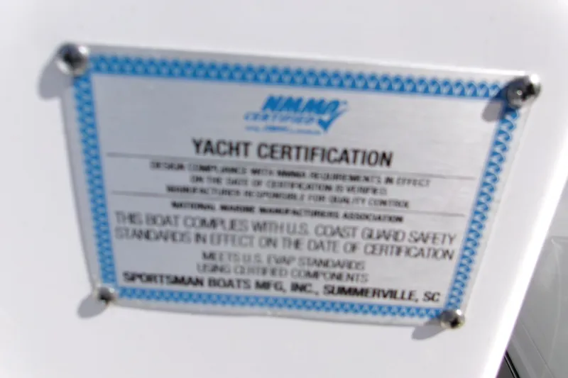  Yacht Photos Pics Yacht certification plaque for 2026 Sportsman Heritage 321 Center Console boat.