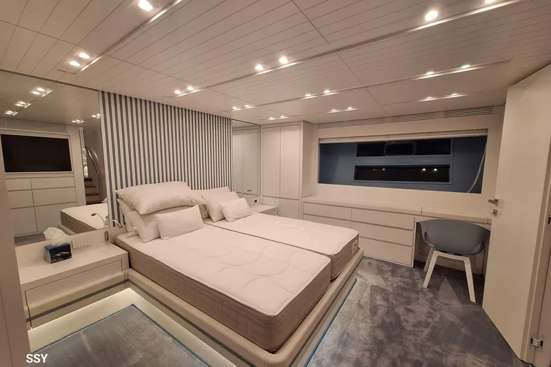 Mabelle Yacht Photos Pics Luxurious bedroom interior of 2022 Arcadia Yachts Sherpa 80 XL with modern design.