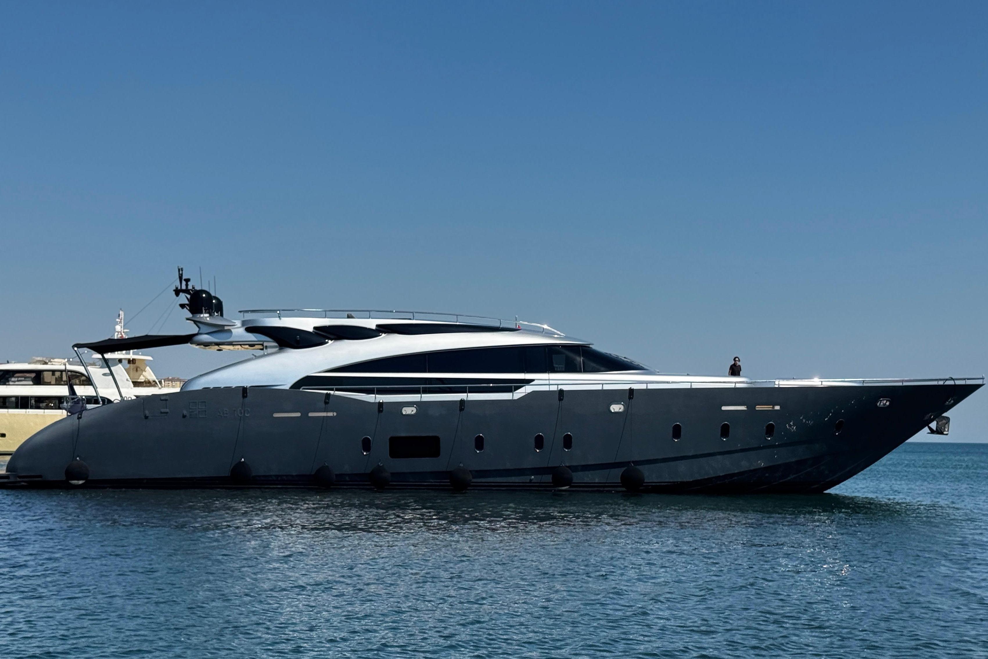 Luxurious 2017 AB 100 yacht on calm blue waters under clear sky.