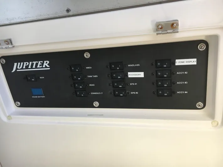  Yacht Photos Pics Control panel of a 2018 Jupiter 29 HFS boat with labeled switches.