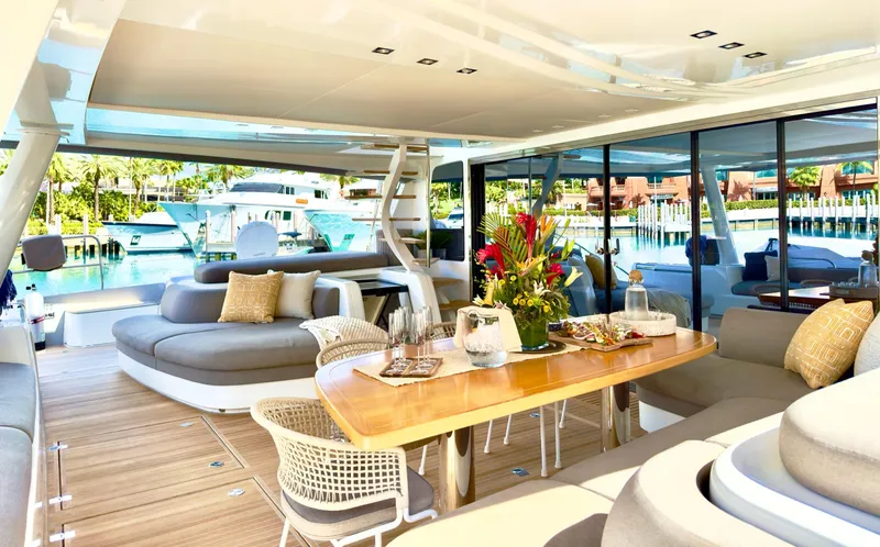 Twin Flame Yacht Photos Pics Luxurious Lagoon Seventy 7 yacht interior with elegant seating and dining area, 2020 model.