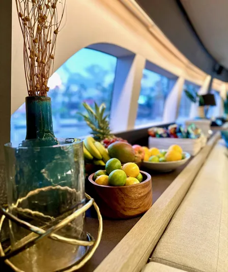 Twin Flame Yacht Photos Pics Luxurious Lagoon Seventy 7 yacht interior with fruit bowls and elegant decor, 2020 model.