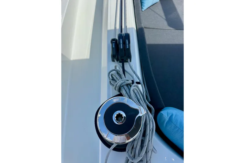 Endless Summer Yacht Photos Pics Close-up of Jeanneau Sun Odyssey 410 sailboat winch and ropes, 2024 model.