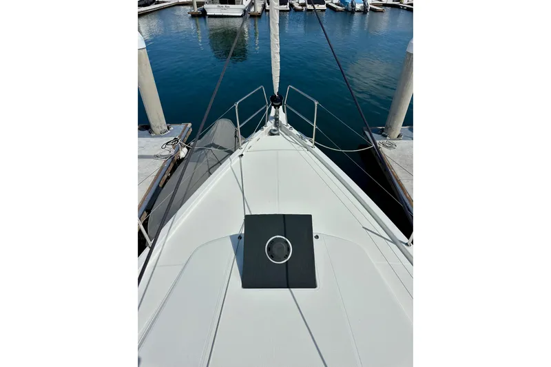 Endless Summer Yacht Photos Pics 2024 Jeanneau Sun Odyssey 410 yacht bow view at marina dock.