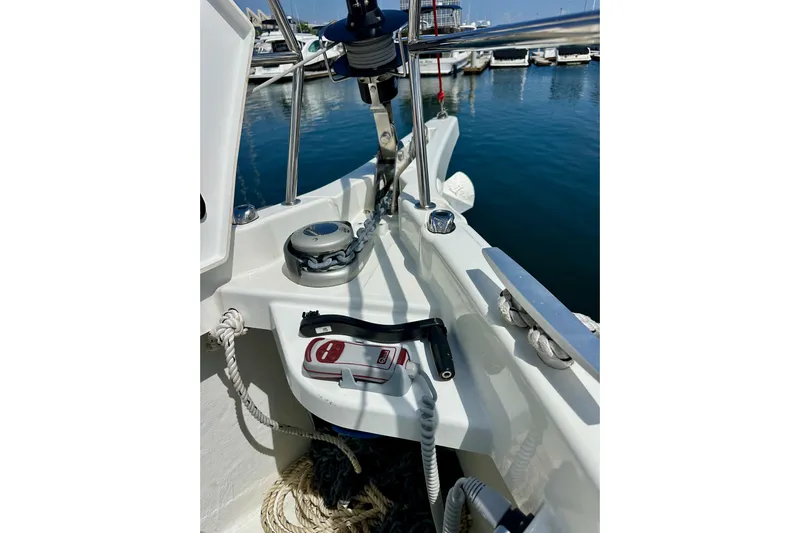 Endless Summer Yacht Photos Pics 2024 Jeanneau Sun Odyssey 410 yacht deck with winch and ropes at marina.