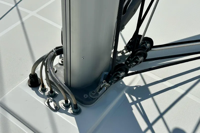 Endless Summer Yacht Photos Pics Close-up of rigging on 2024 Jeanneau Sun Odyssey 410 sailboat deck.