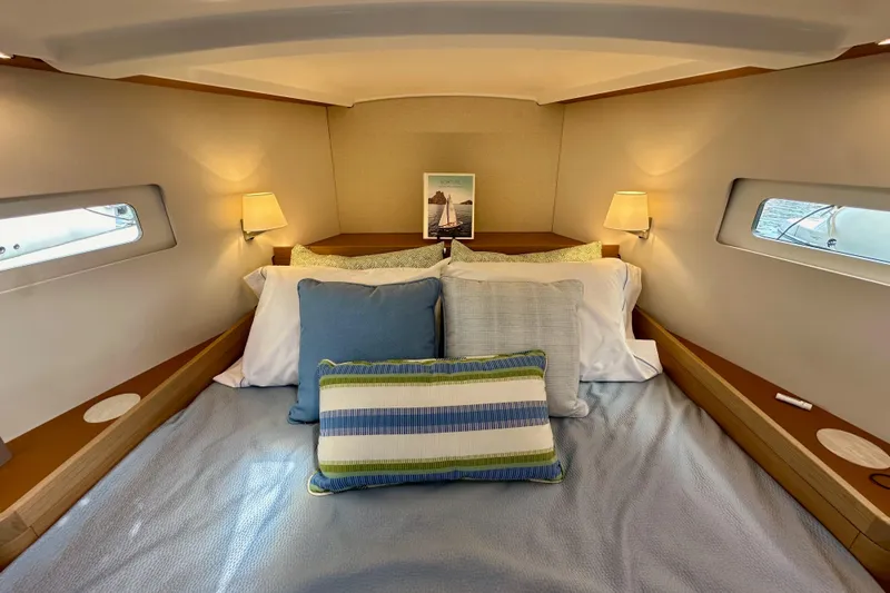 Endless Summer Yacht Photos Pics Luxurious cabin interior of 2024 Jeanneau Sun Odyssey 410 sailboat.