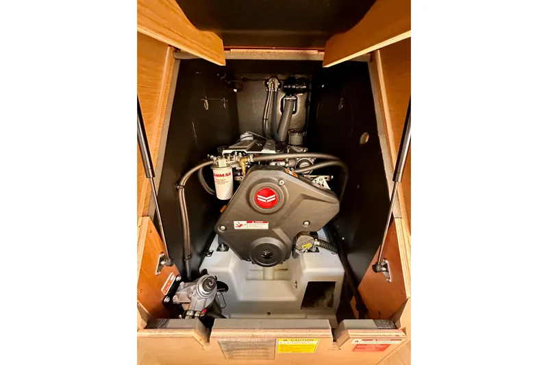 Endless Summer Yacht Photos Pics Engine compartment of 2024 Jeanneau Sun Odyssey 410 sailboat, featuring Yanmar engine.