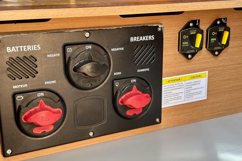 Endless Summer Yacht Photos Pics Battery and breaker panel on 2024 Jeanneau Sun Odyssey 410 sailboat.