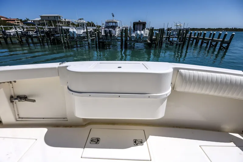 Patriot Yacht Photos Pics 2005 Carolina Classic 32 boat interior with marina view in the background.