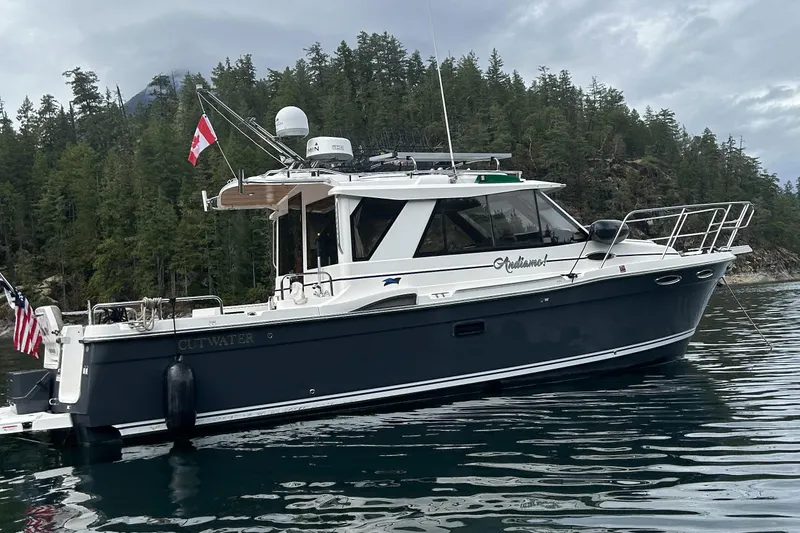 Andiamo Yacht Photos Pics 2020 Cutwater C-28 boat on calm water, surrounded by forested landscape.