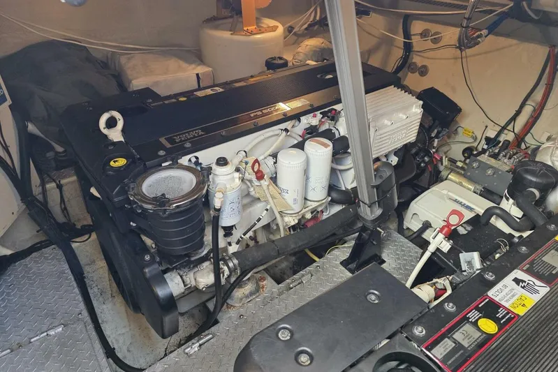  Yacht Photos Pics Engine room of a 2009 Four Winns V435 boat, featuring a Volvo Penta engine.