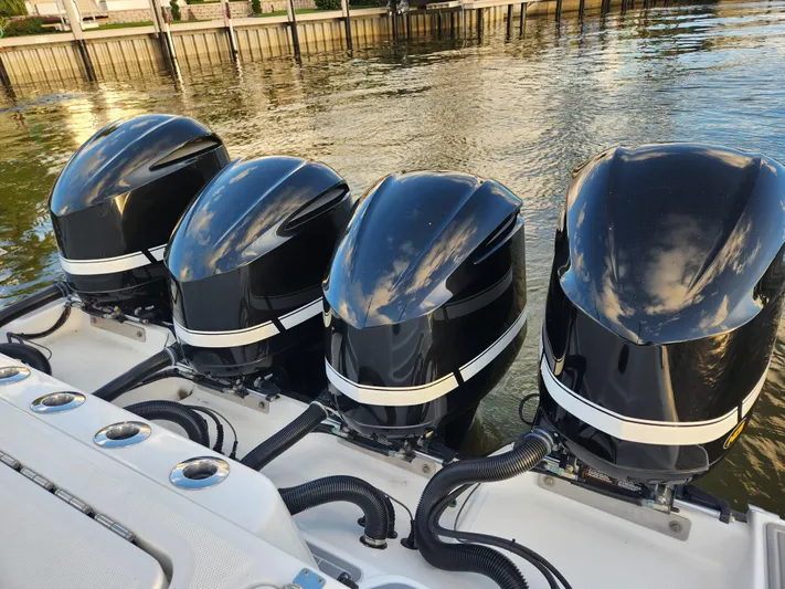  Yacht Photos Pics Four powerful outboard motors on a 2019 HCB 39 Speciale boat.