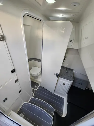  Yacht Photos Pics 2019 HCB 39 Speciale boat interior with bathroom and sink area.