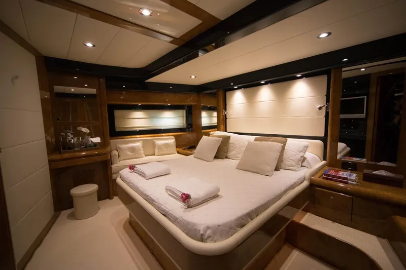 Zia Canaia Yacht Photos Pics Luxurious bedroom interior of 2001 Riva Opera 80 yacht with elegant lighting and decor.