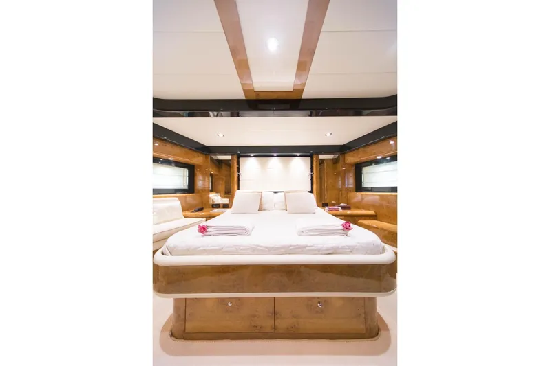 Zia Canaia Yacht Photos Pics Luxurious bedroom interior of 2001 Riva Opera 80 yacht with elegant wood finishes.