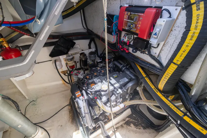 One Love Yacht Photos Pics Engine room of a 2019 Leopard 50 yacht with visible wiring and components.
